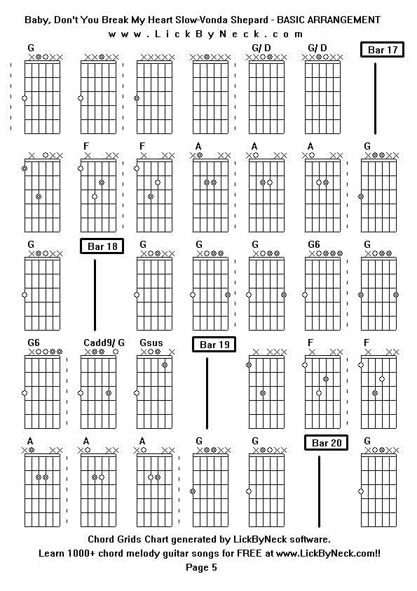 Chord Grids Chart of chord melody fingerstyle guitar song-Baby, Don't You Break My Heart Slow-Vonda Shepard - BASIC ARRANGEMENT,generated by LickByNeck software.